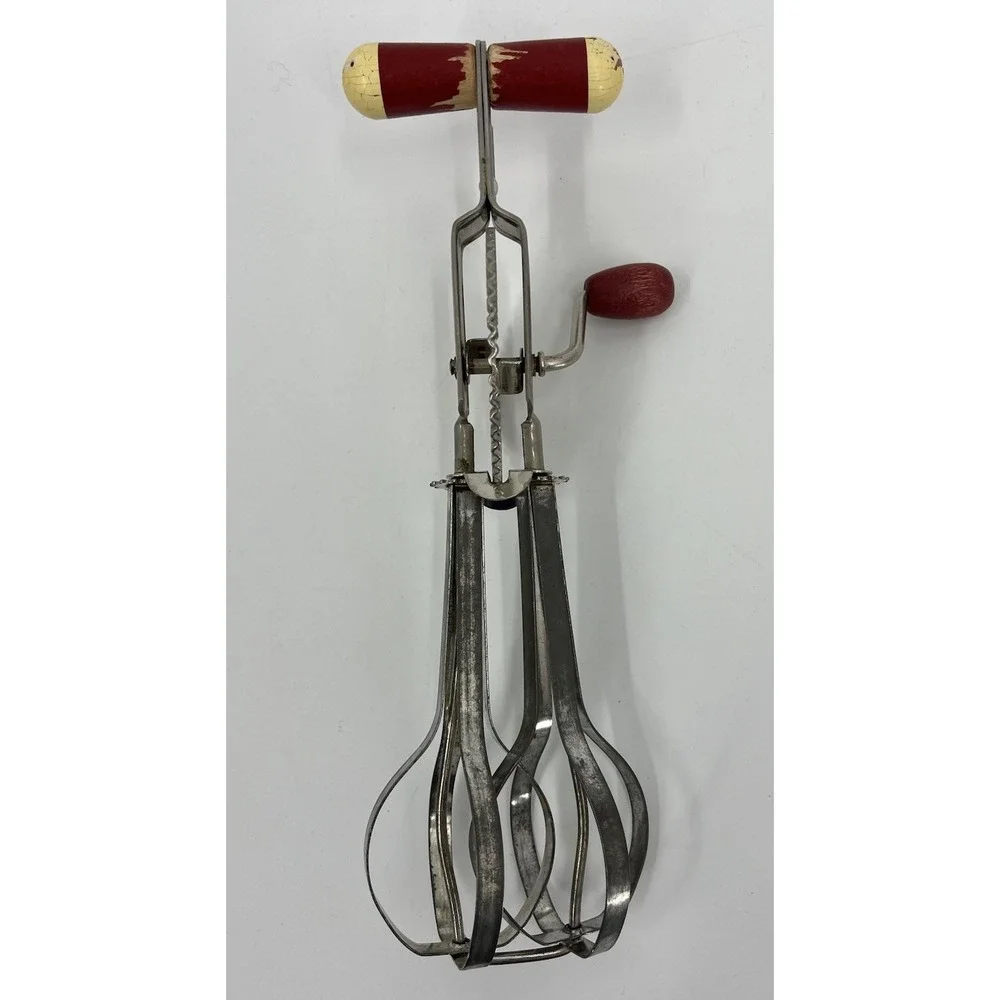 Vintage A and J High Speed Super Center Drive Egg Beater Hand Mixer Wood Handles